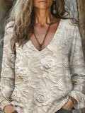 V-Neck Langarm-Pullover mit lockerem Print