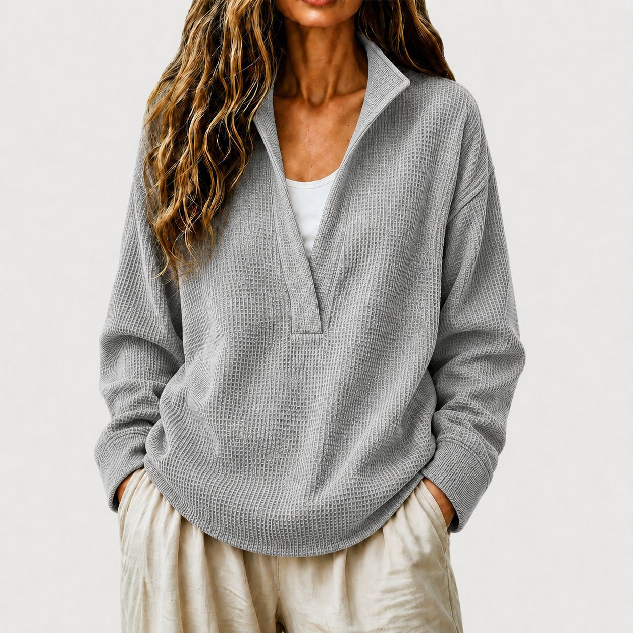 Waffelstrick V-Ausschnitt Langarm-Sweatshirt
