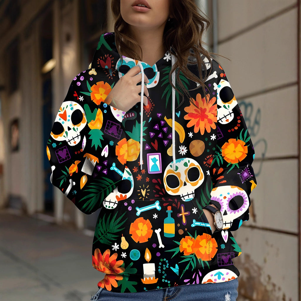Tulpen-Print & Kartoon Schädel Hoodie Damen Herbst