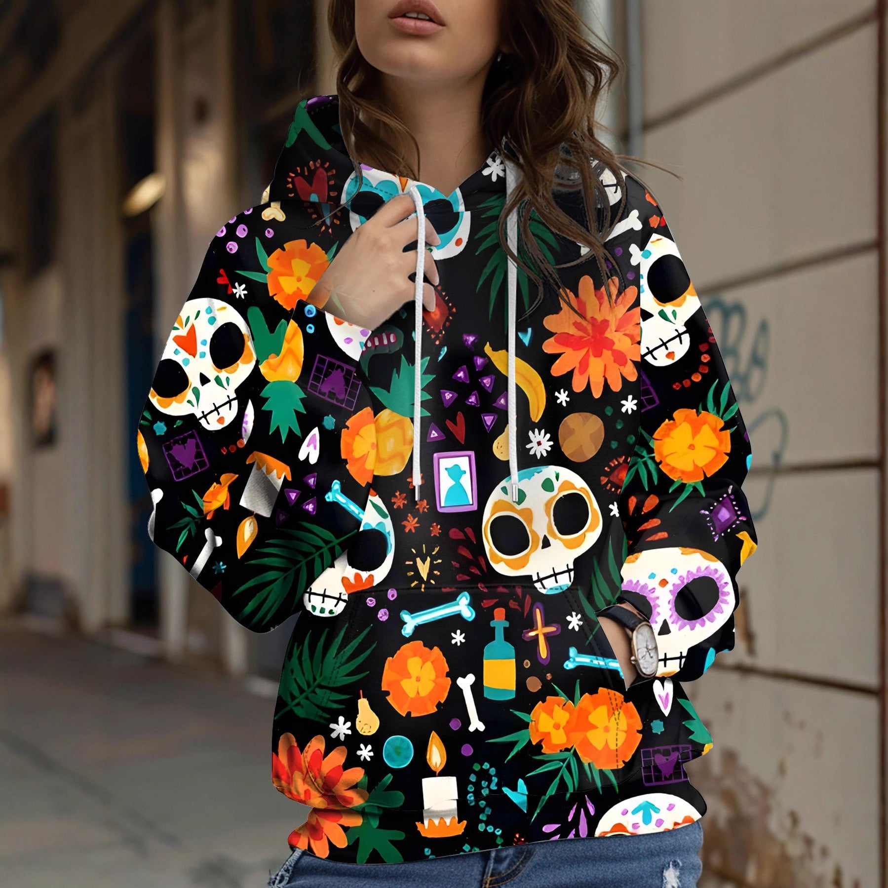 Tulpen-Print & Kartoon Schädel Hoodie Damen Herbst