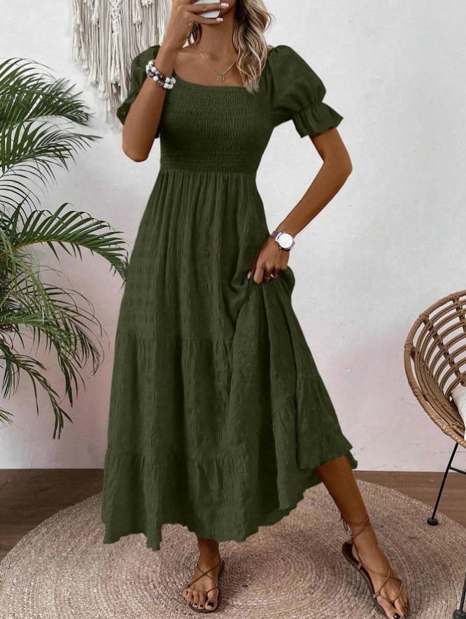 Quadratische Ausschnitt Taille-geknöpft Elegante Kurzarm-Dress – Bild 3 | LuxeStyle