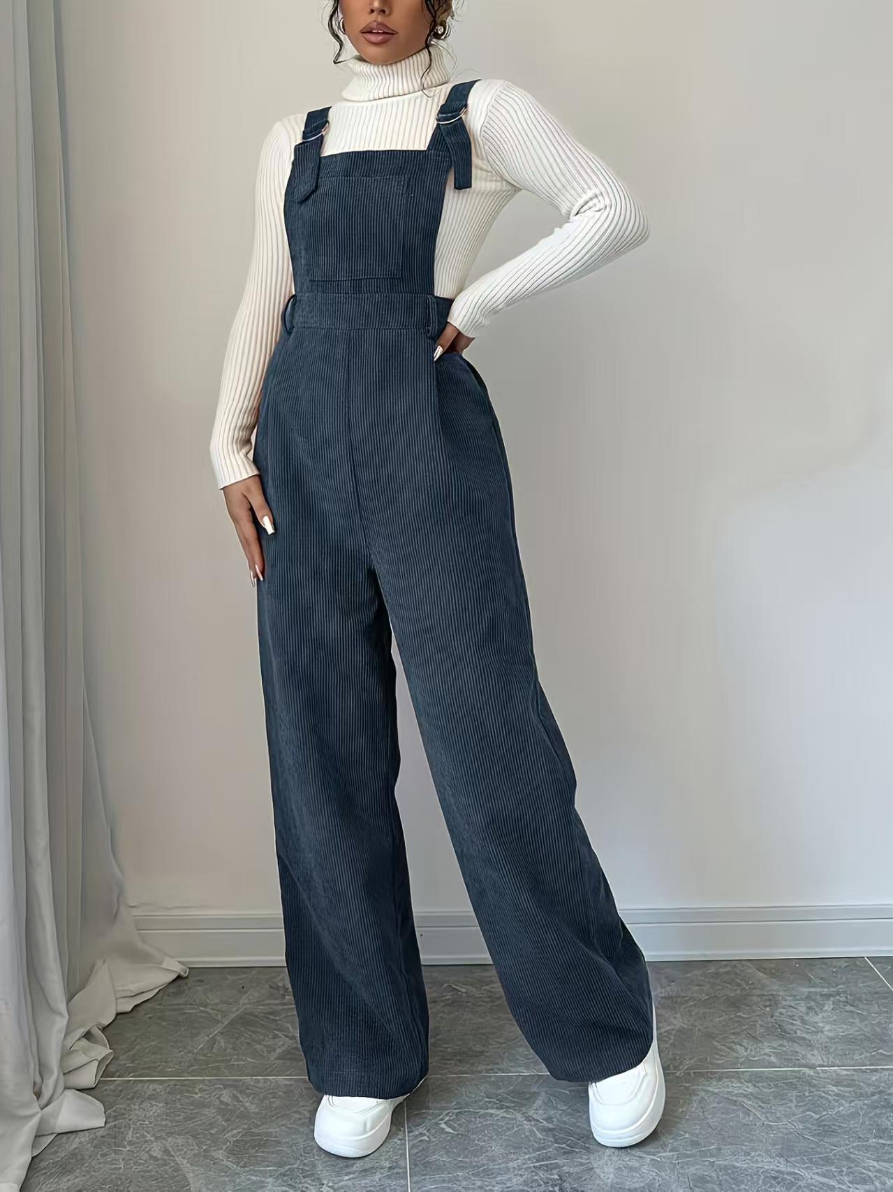 Corduroy Loose Straight Bib Pants Damen