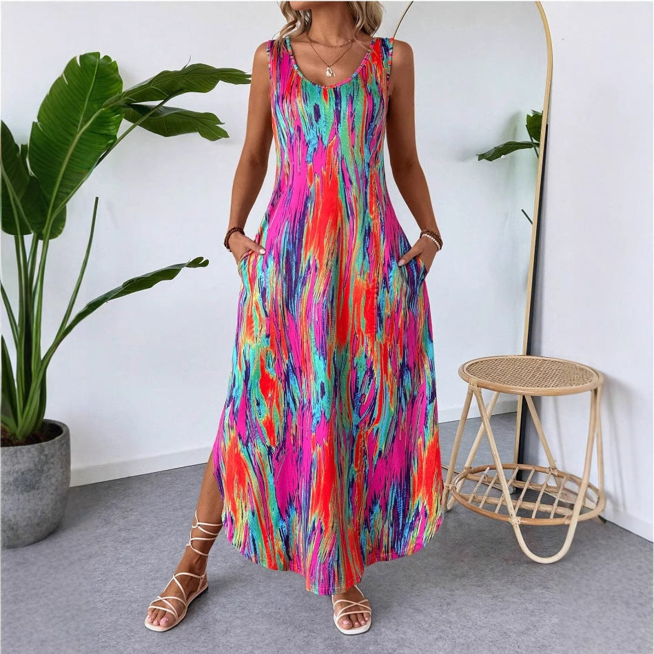 Bedrucktes ärmelloses A-Linien-Kleid mit Schlitz | LuxeStyle