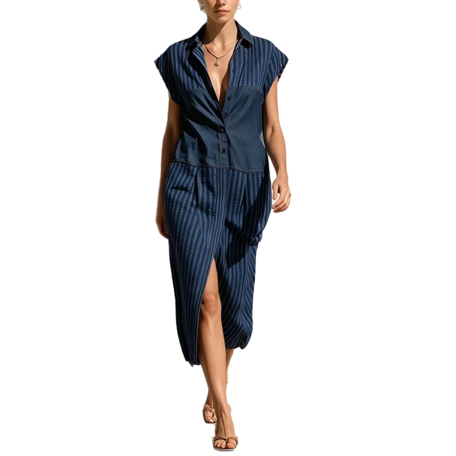 Gestreiftes Patchwork Hemdkleid mit Schlitz