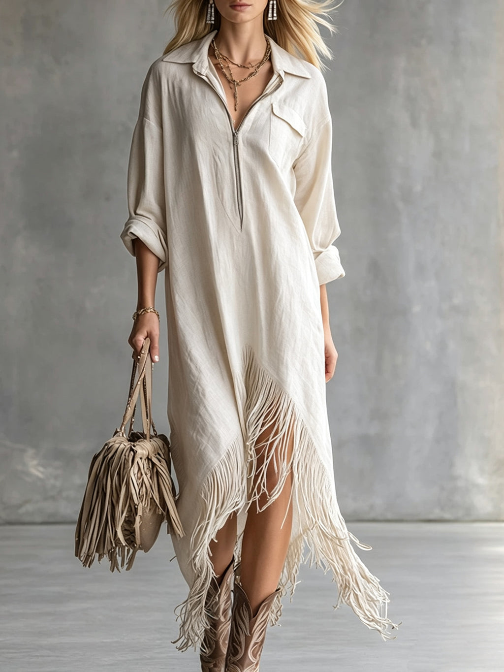 Retro-Fransenkleid mit langen Ärmeln