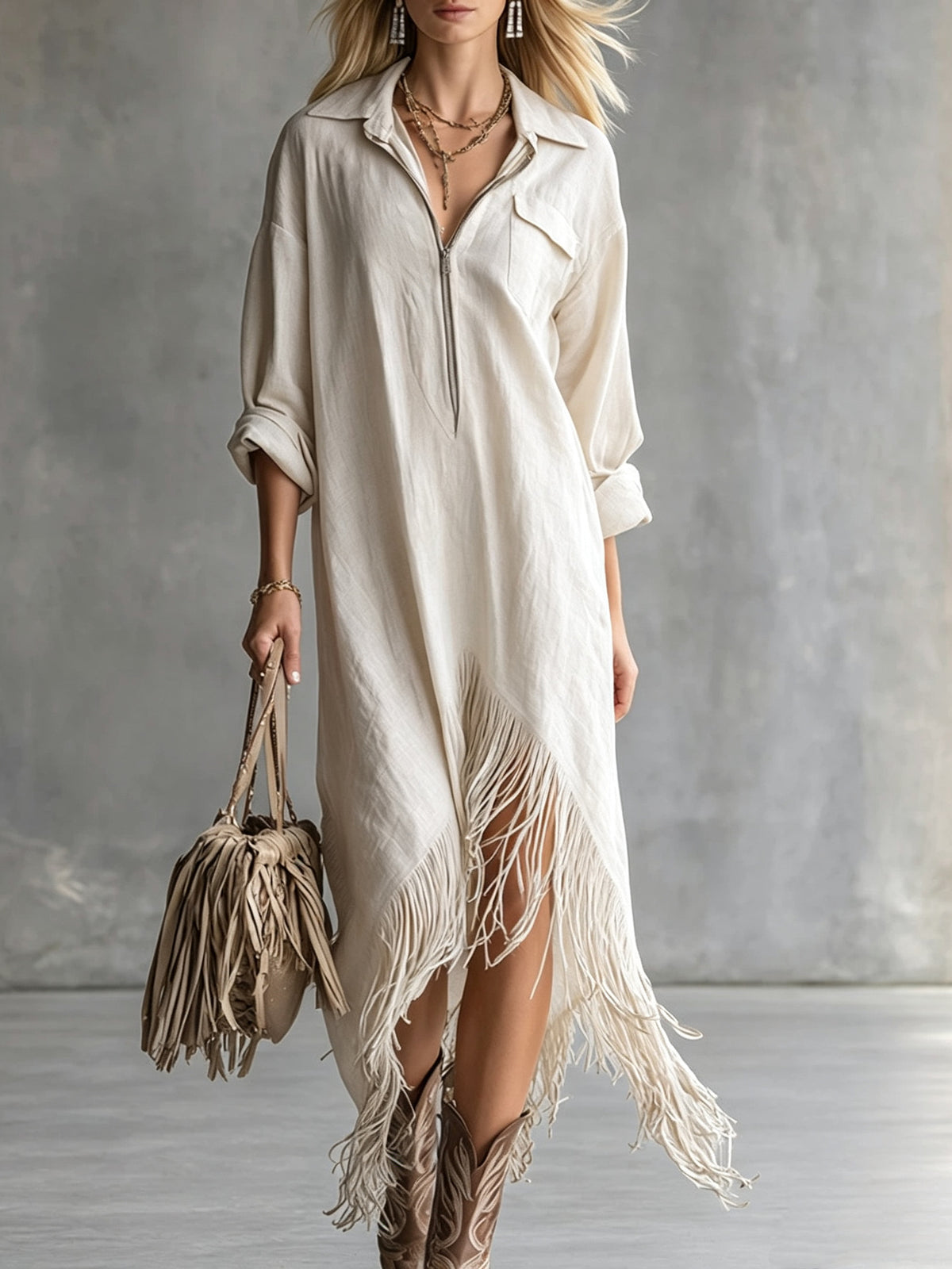 Retro-Fransenkleid mit langen Ärmeln – Bild 1 | LuxeStyle