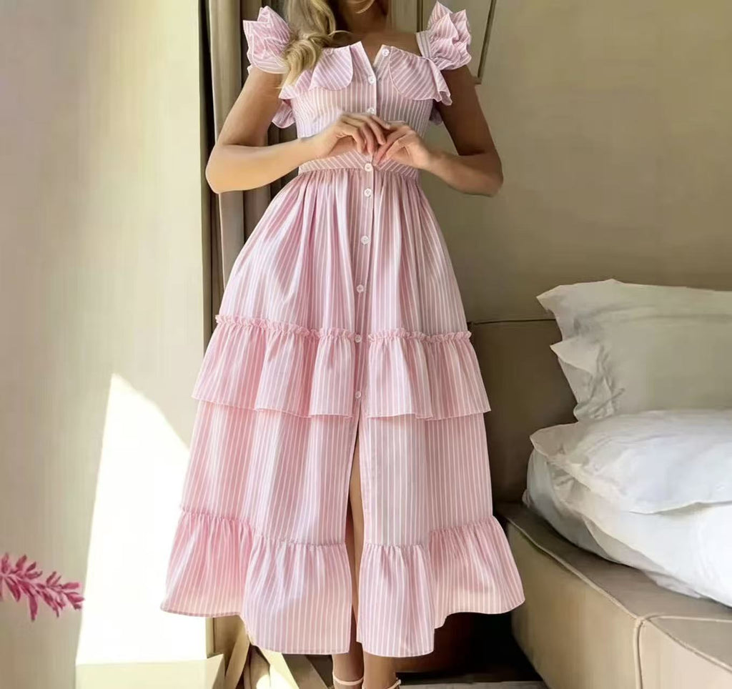 Gestreiftes A-Linien-Kleid mit Puffärmeln