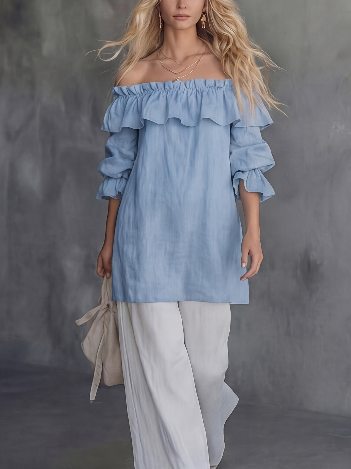 Ein-Shoulder-Gefältelter Bauschärmel-Weit-Hemd – Bild 3 | LuxeStyle