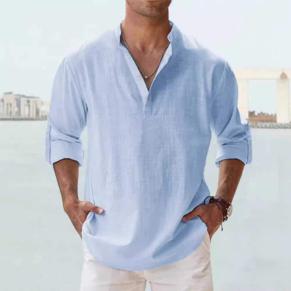 Männer-Linen-Long-Sleeve-Top mit Stand-Up-Hals – Bild 16 | LuxeStyle