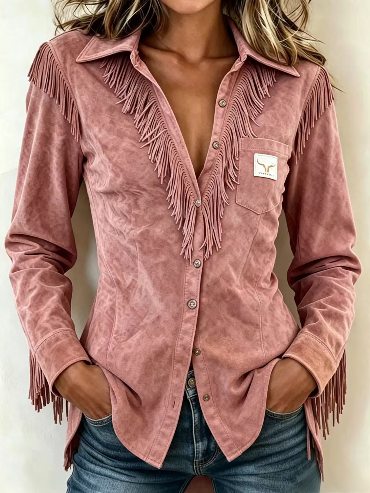 Western Cowboy Wildleder Fransen Langarmshirt