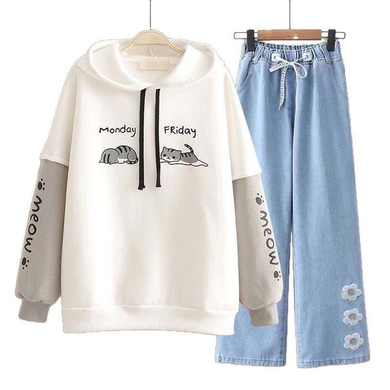 Hoodie-Set mit geradem Bein im Preppy-Stil