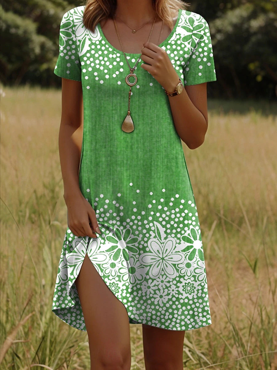 Gepunktetes Blumen Midikleid mit Rundhals – Bild 9 | LuxeStyle