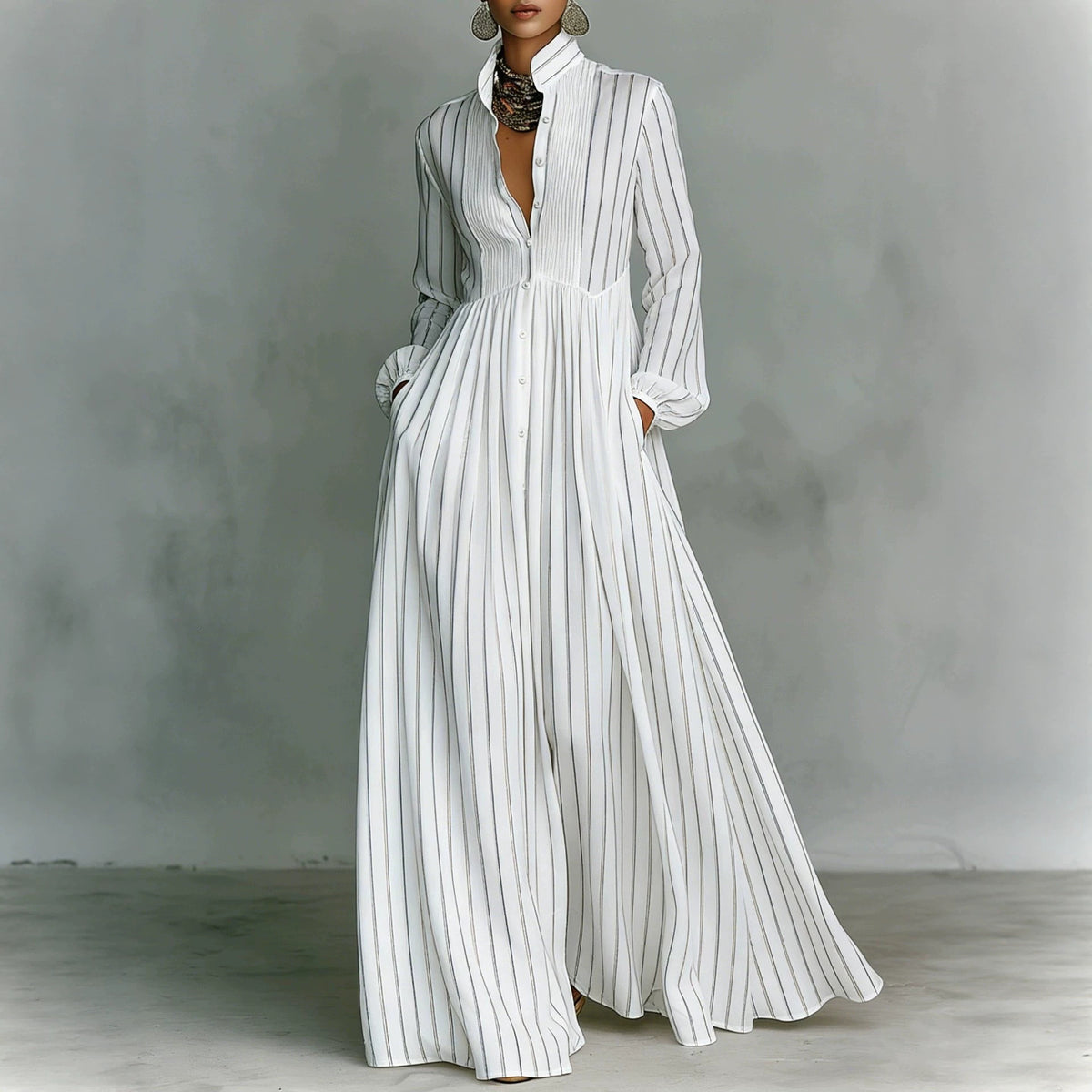 Maxikleid mit Stehkragen und Vintage-Print – Bild 8 | LuxeStyle