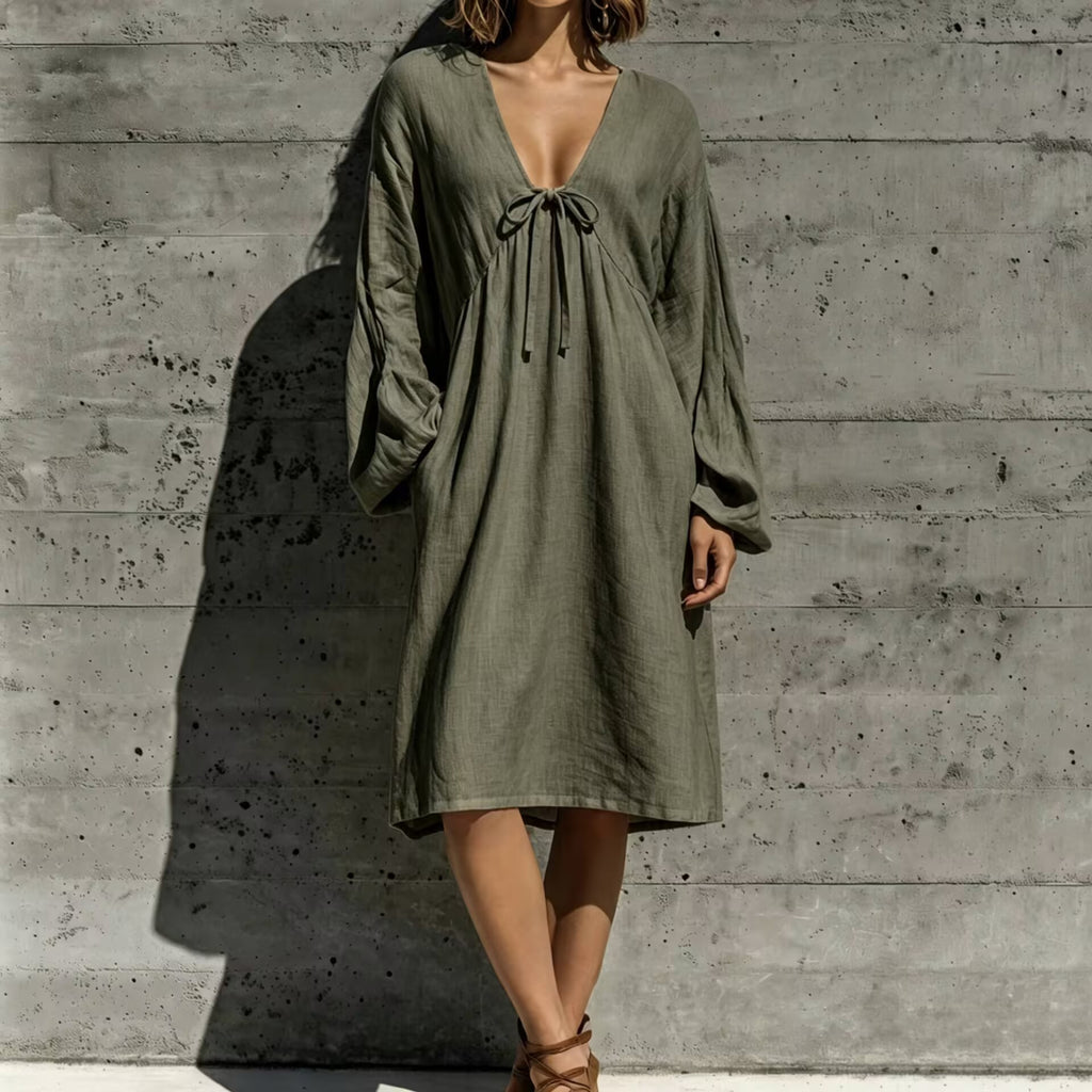 V-Ausschnitt Schnürkleid aus Baumwoll-Leinen