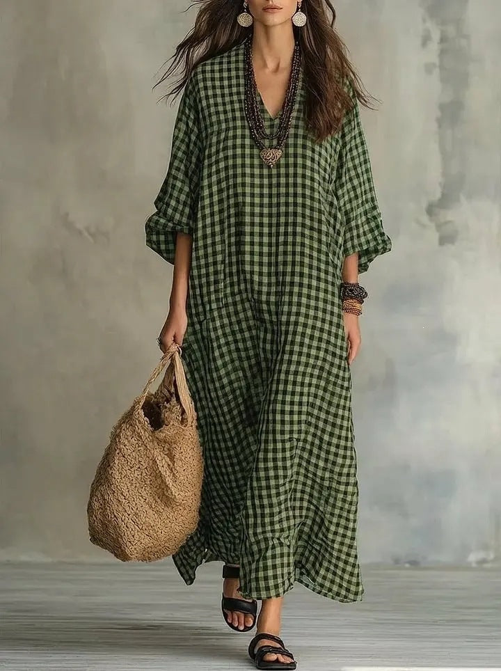 Retro Karo Leinenkleid für Damen