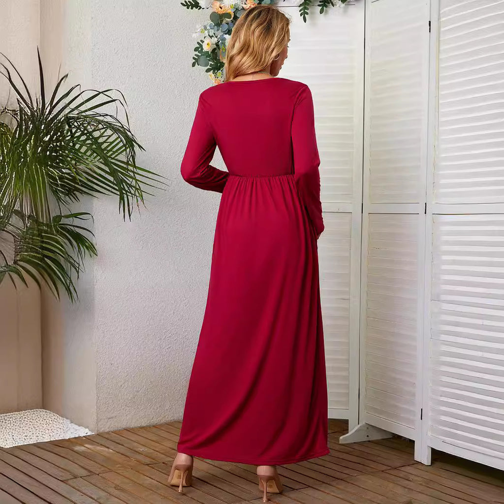 Maxikleid mit Rundhals, langen Ärmeln und Taschen