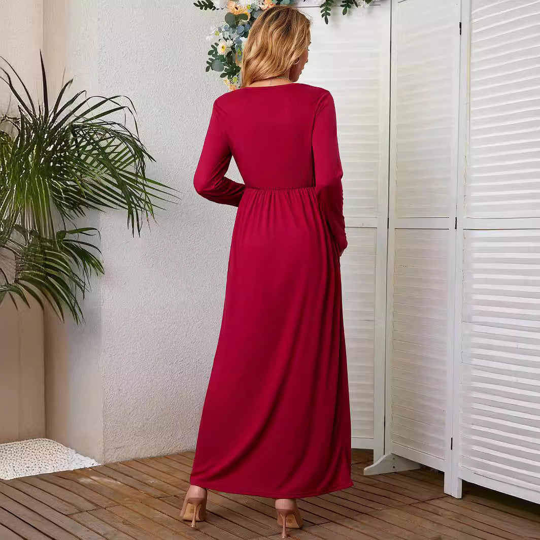 Maxikleid mit Rundhals, langen Ärmeln und Taschen