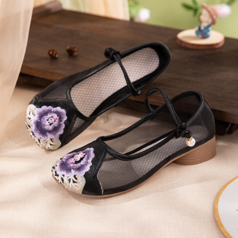 Orientalische bestickte Mesh Mary Jane Flats