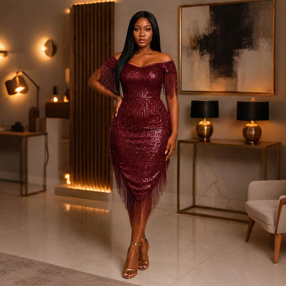 Off-Shoulder Tassel Kleid mit asymmetrischem Saum
