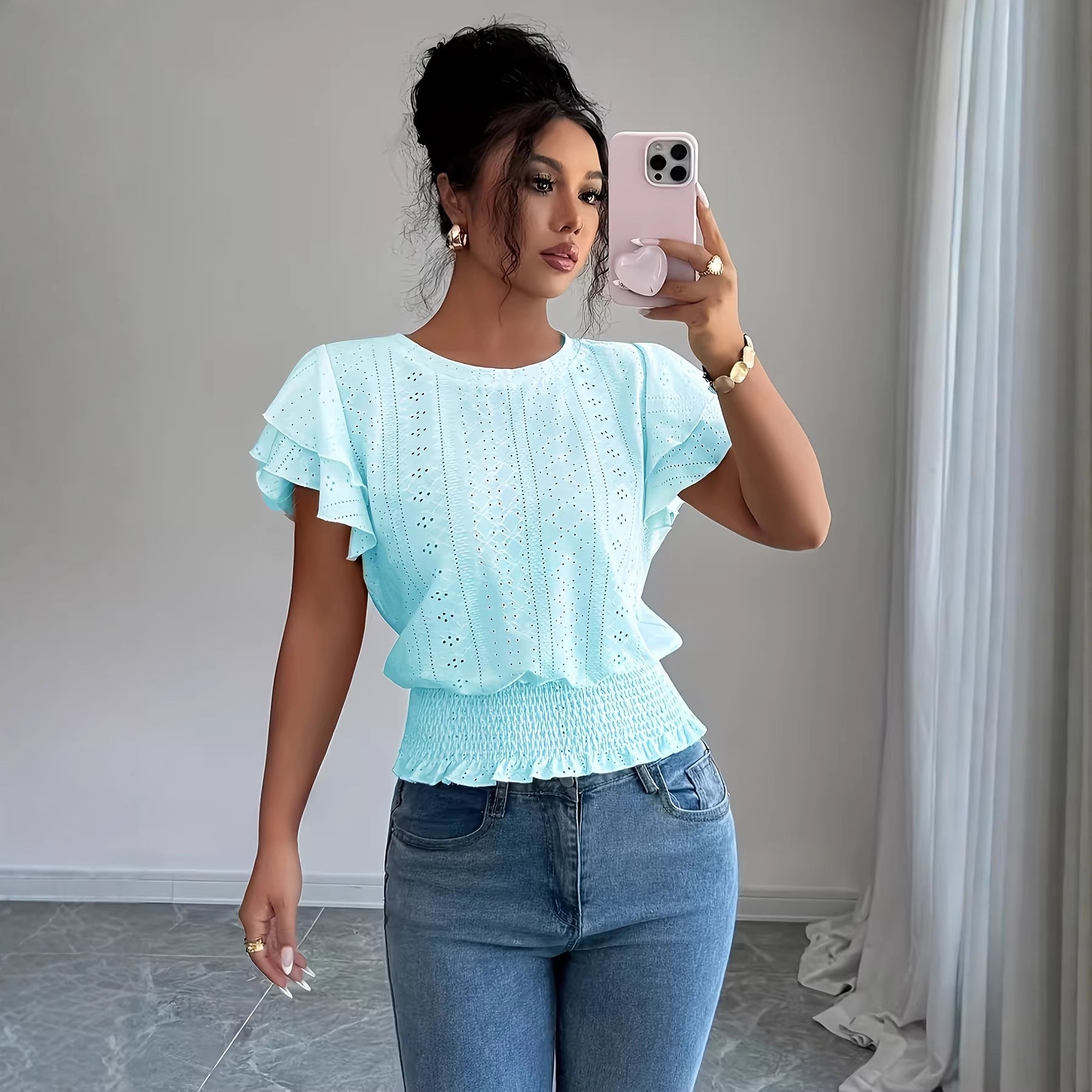 Damen Top mit Rundhals und Raffärmeln