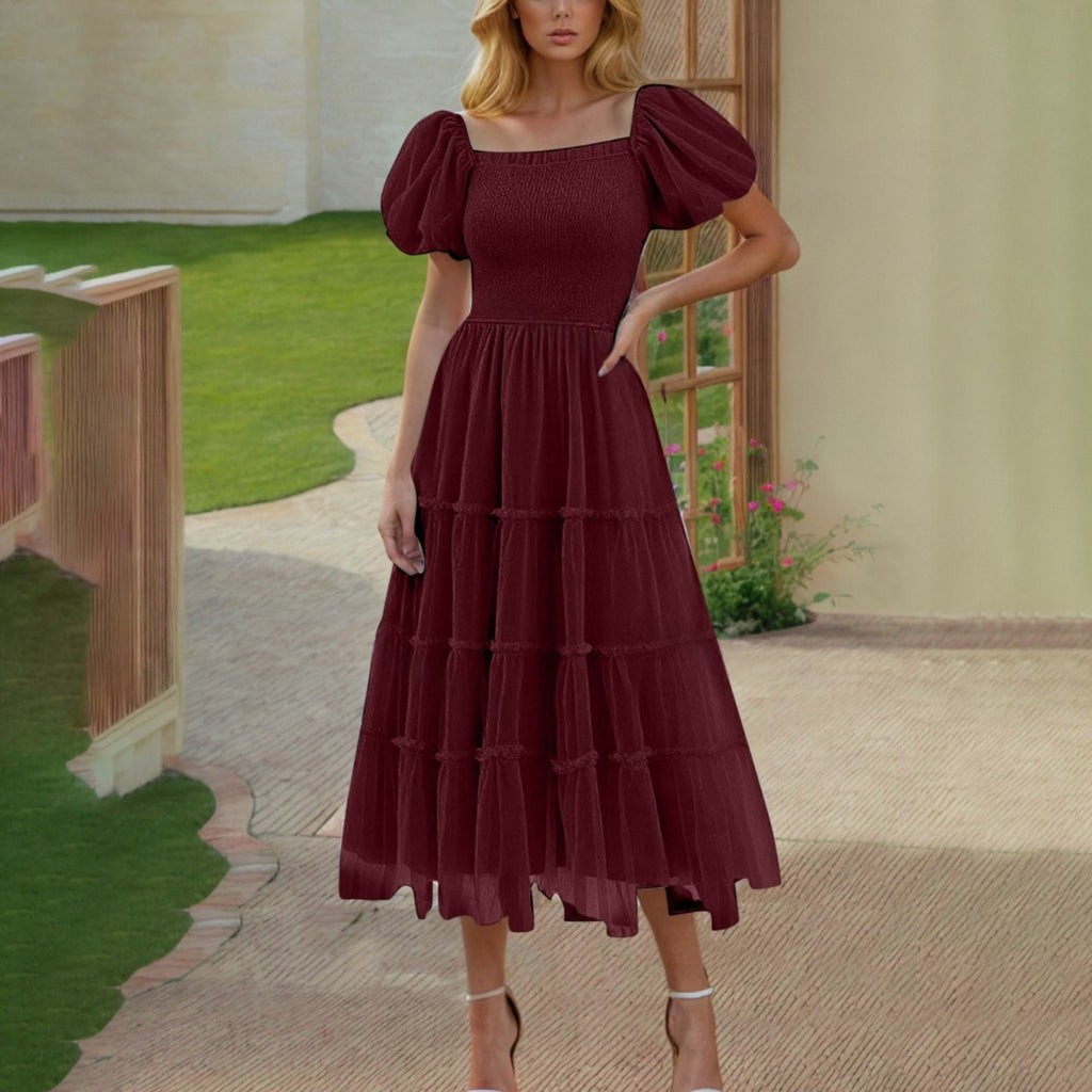 Gerüschtes langes Mesh-Kleid mit eckigem Ausschnitt | LuxeStyle