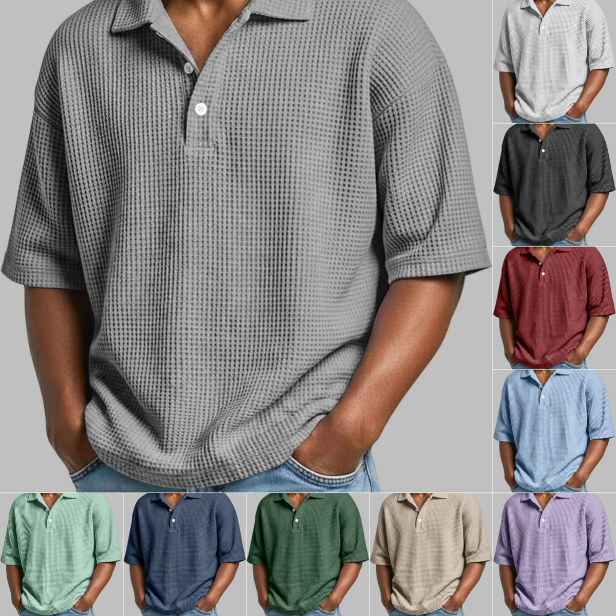 Polo-Shirt Waffelmuster Kurzarm mit Knopfkragen – Bild 12 | LuxeStyle
