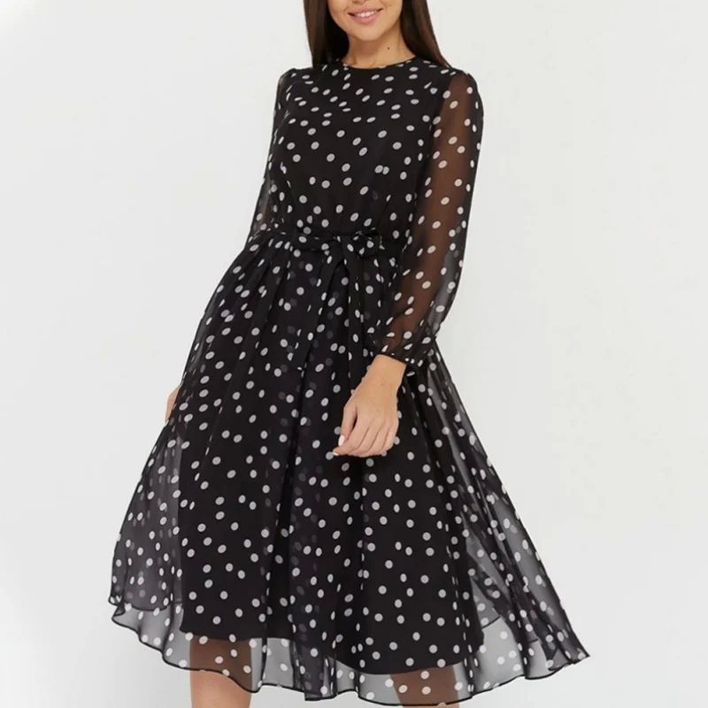 Polkadot-Crewneck-Kleid mit langen Ärmeln – Bild 5 | LuxeStyle