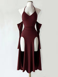 Halterneck Off-Shoulder Schlitz-Kleid – Bild 9 | LuxeStyle