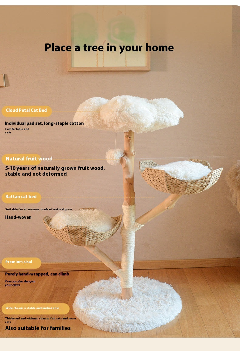 Naturholz Katzenkratzbaum mit Rattan-Nest