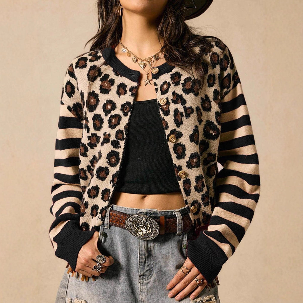 Gestreiftes Top & Cardigan mit Leopardenmuster – Bild 2 | LuxeStyle