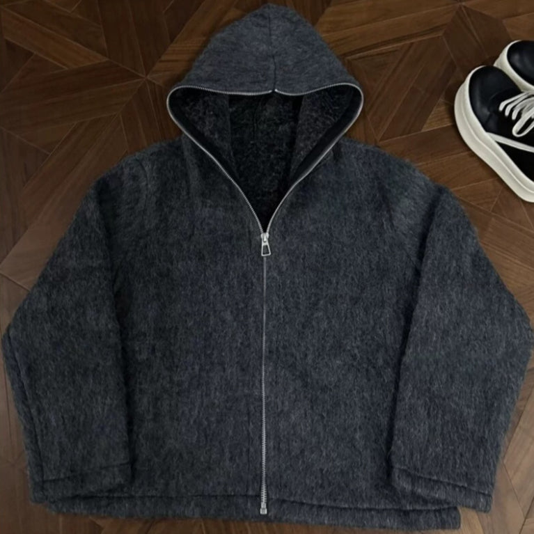 Woll-Mohair Strickjacke mit Kapuze