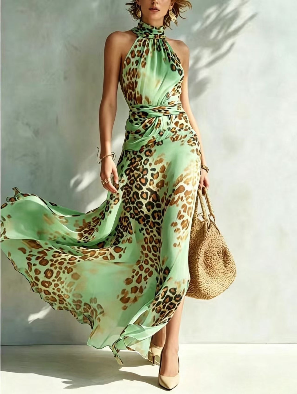 Ärmelloses Halterneck-Leopardenkleid