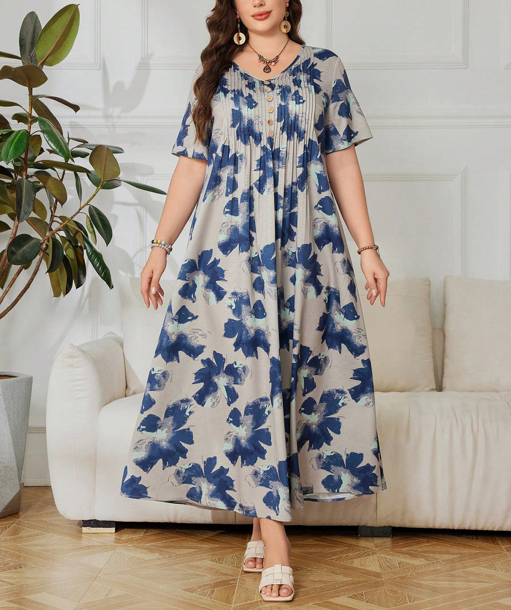 Bedrucktes V-Ausschnitt A-Linien Kleid