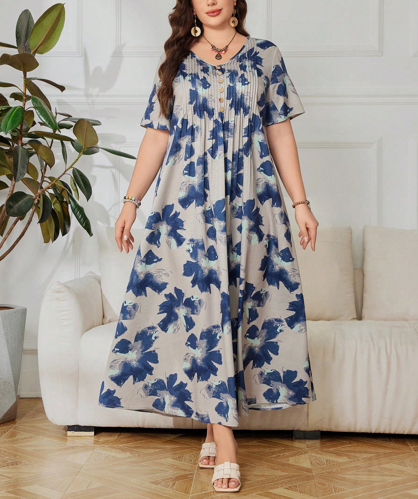 Bedrucktes V-Ausschnitt A-Linien Kleid