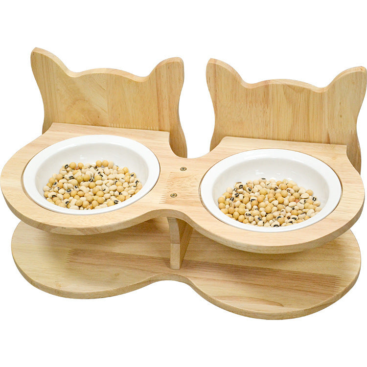 Holz Katzenfutterständer mit Keramikschale