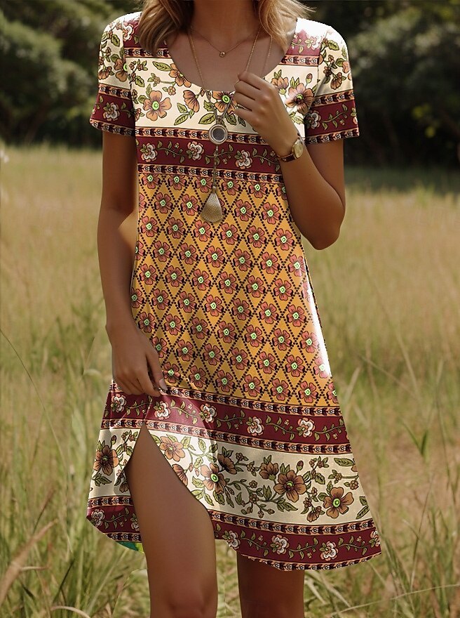 Gepunktetes Blumen Midikleid mit Rundhals – Bild 4 | LuxeStyle