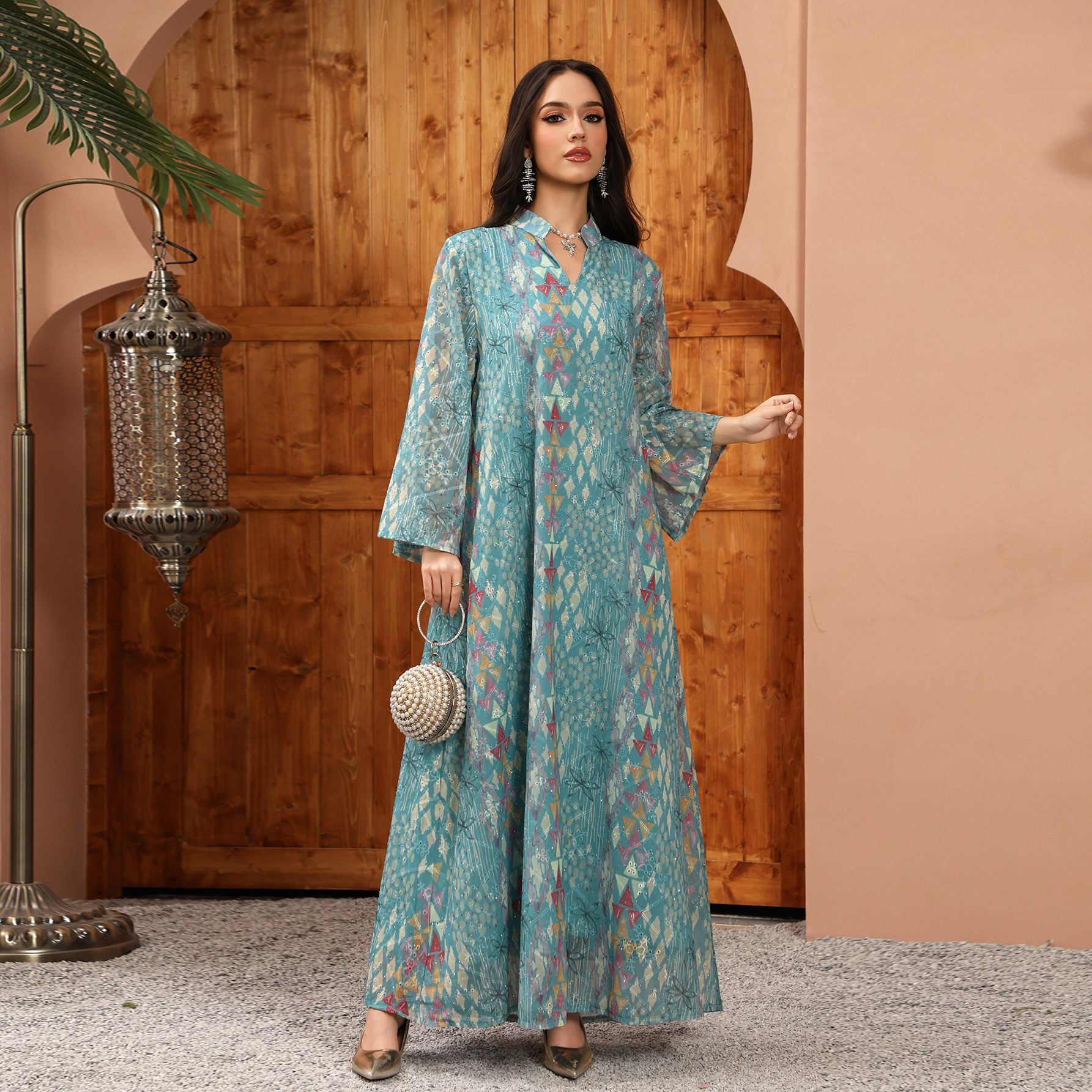 Besticktes Langarm-Freizeitkleid mit Print