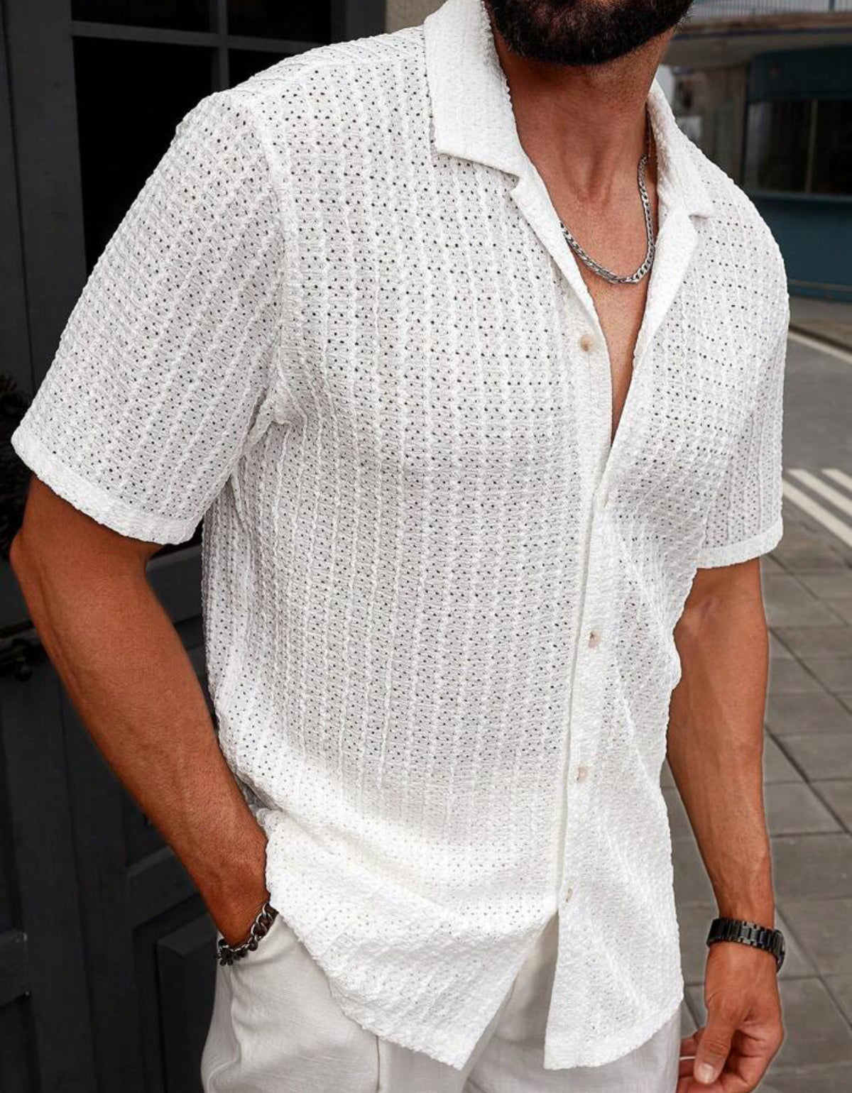 Schlanker Kurzarm-Waffel-Cardigan für Herren – Bild 2 | LuxeStyle