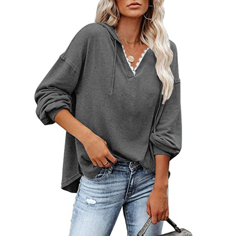Kapuzen-Sweatshirt mit V-Ausschnitt und Spitze