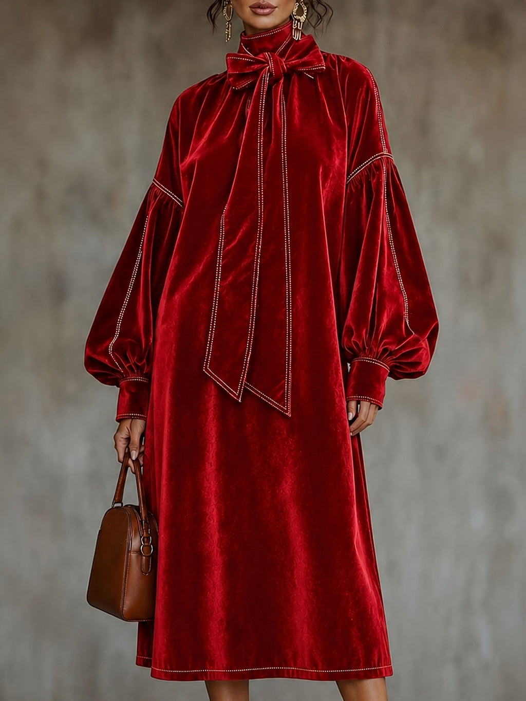 Samtkleid mit Schleife und hohem Kragen