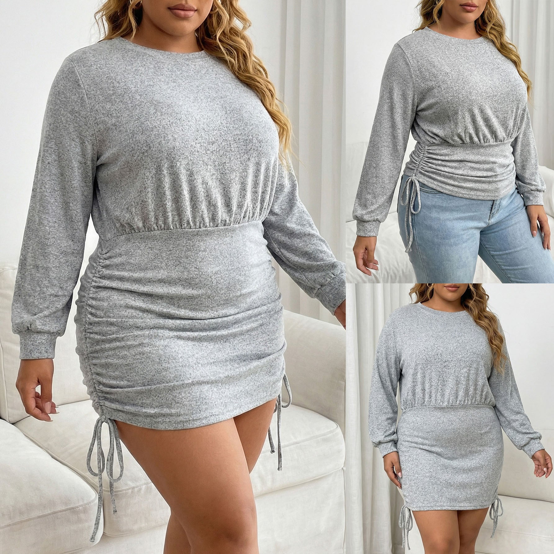 Damen Strickkleid mit Kordelzug, Grau