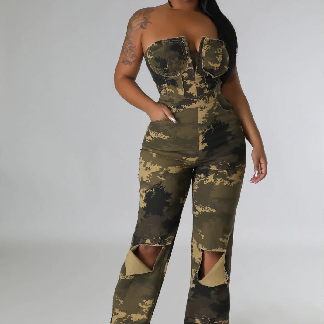 Off-Shoulder Camouflage Jumpsuit