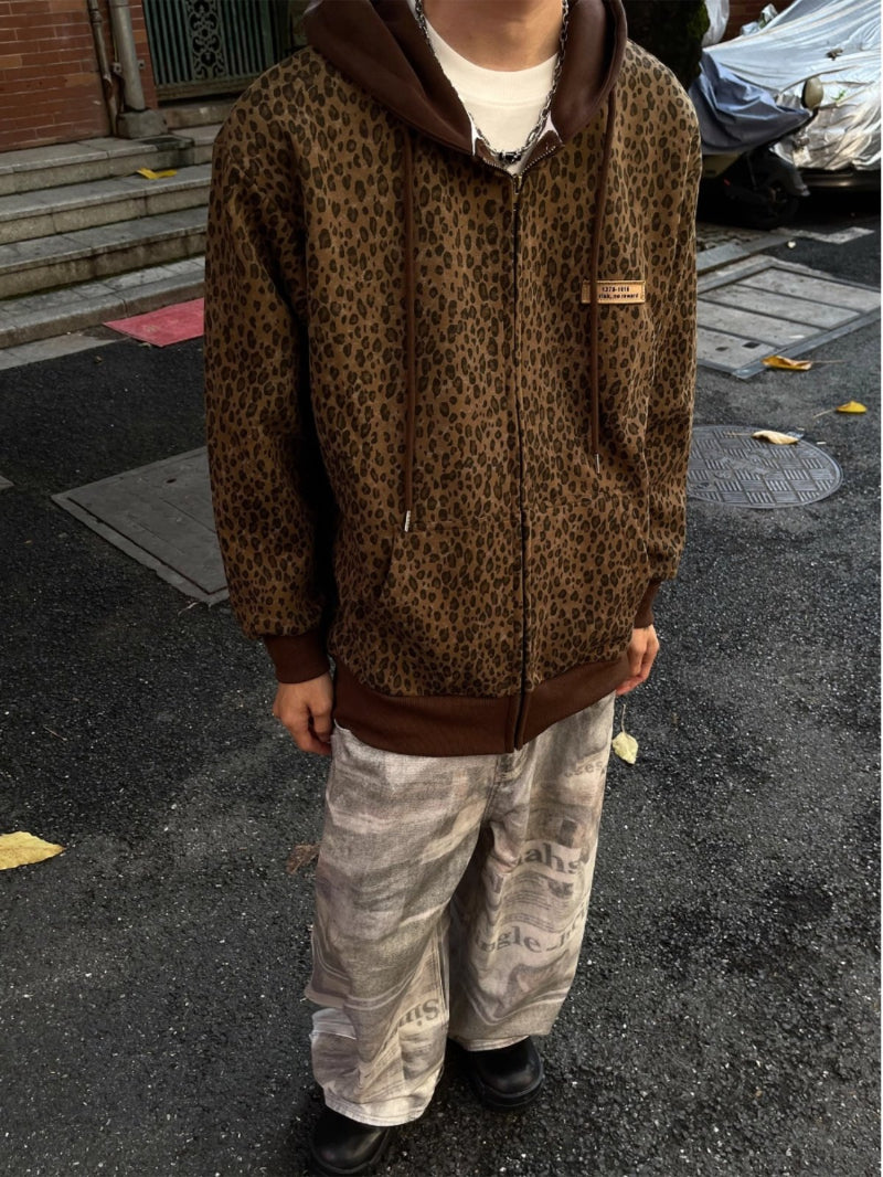 Retro Leopard-Print Cardigan mit Kapuze