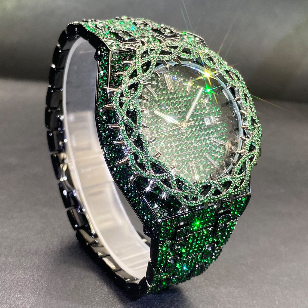 Männer-Armbanduhr mit grünen Zirkon-Einlagen