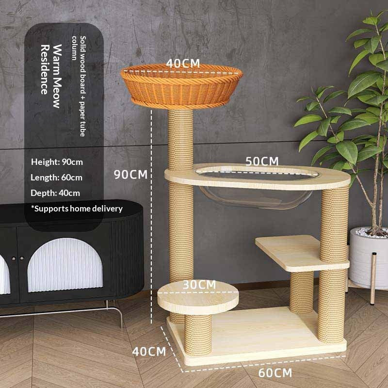 Massivholz-Katzenbaum mit Rattan-Bett