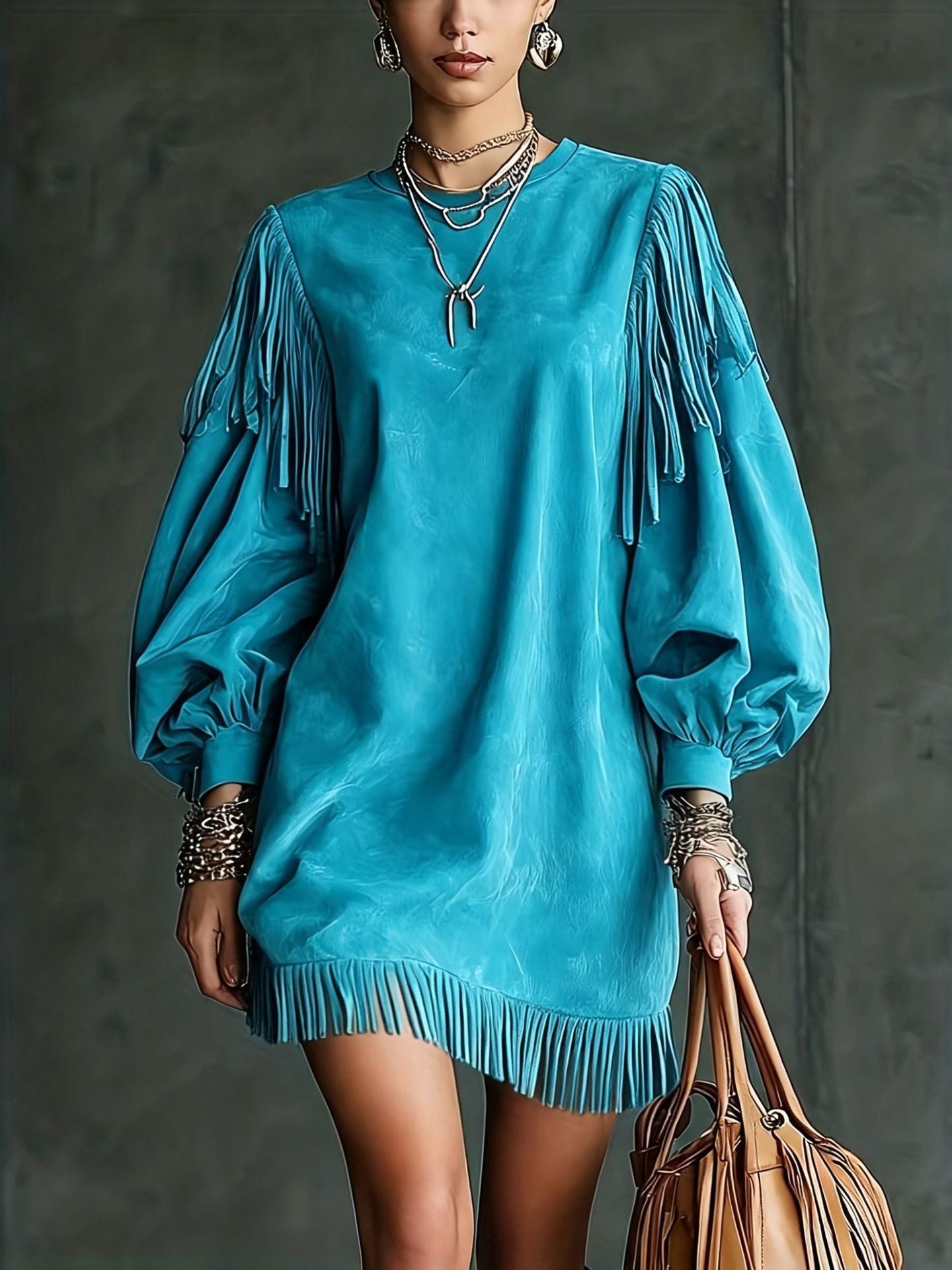Damen Kurzarmkleid mit Lanternenärmeln und Fransen