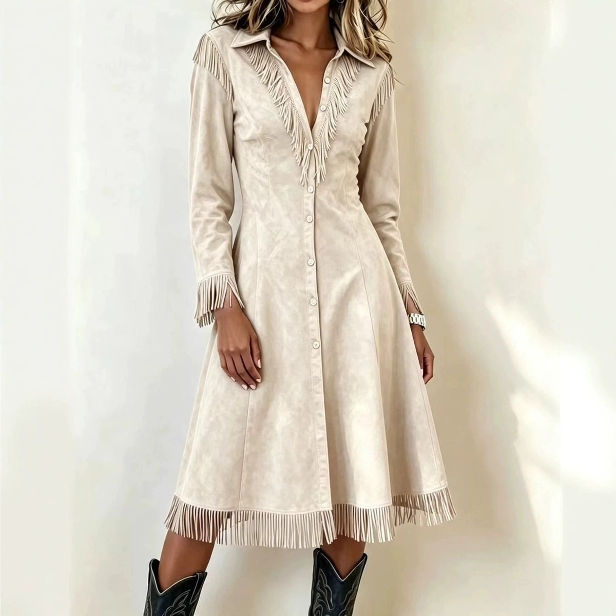 Schlank geschnittenes Langarmkleid mit Quasten – Bild 2 | LuxeStyle