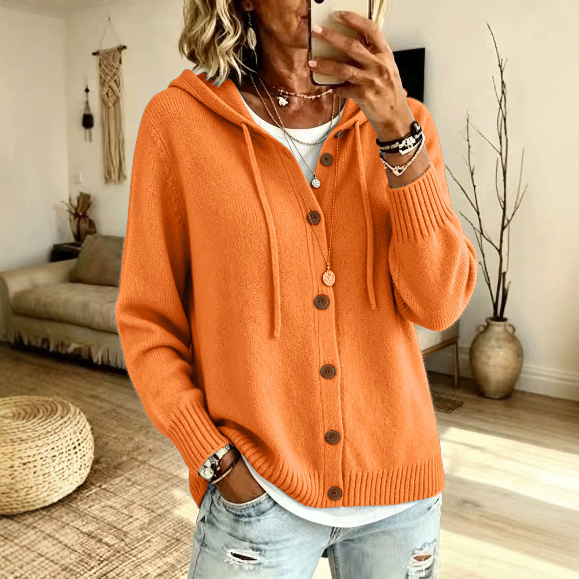Kapuzen-Cardigan mit Strickknöpfen