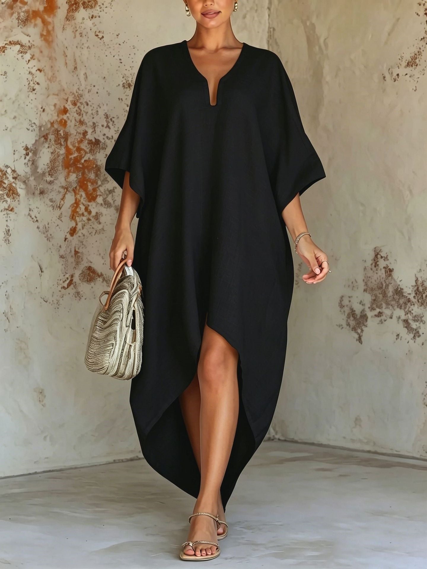 V-Ausschnitt Freizeitkleid Unifarben