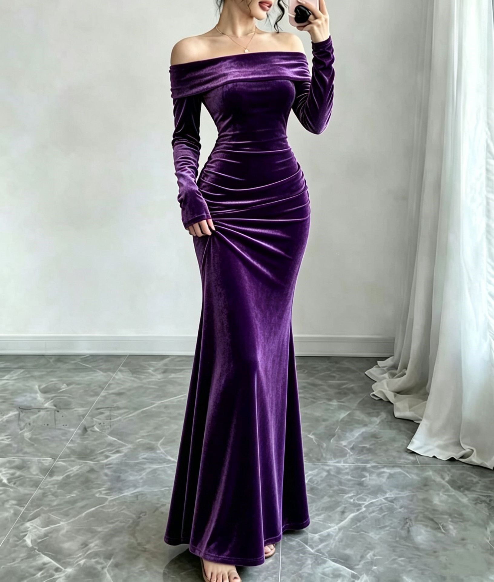 Elegantes Samtkleid mit Off-Shoulder-Design